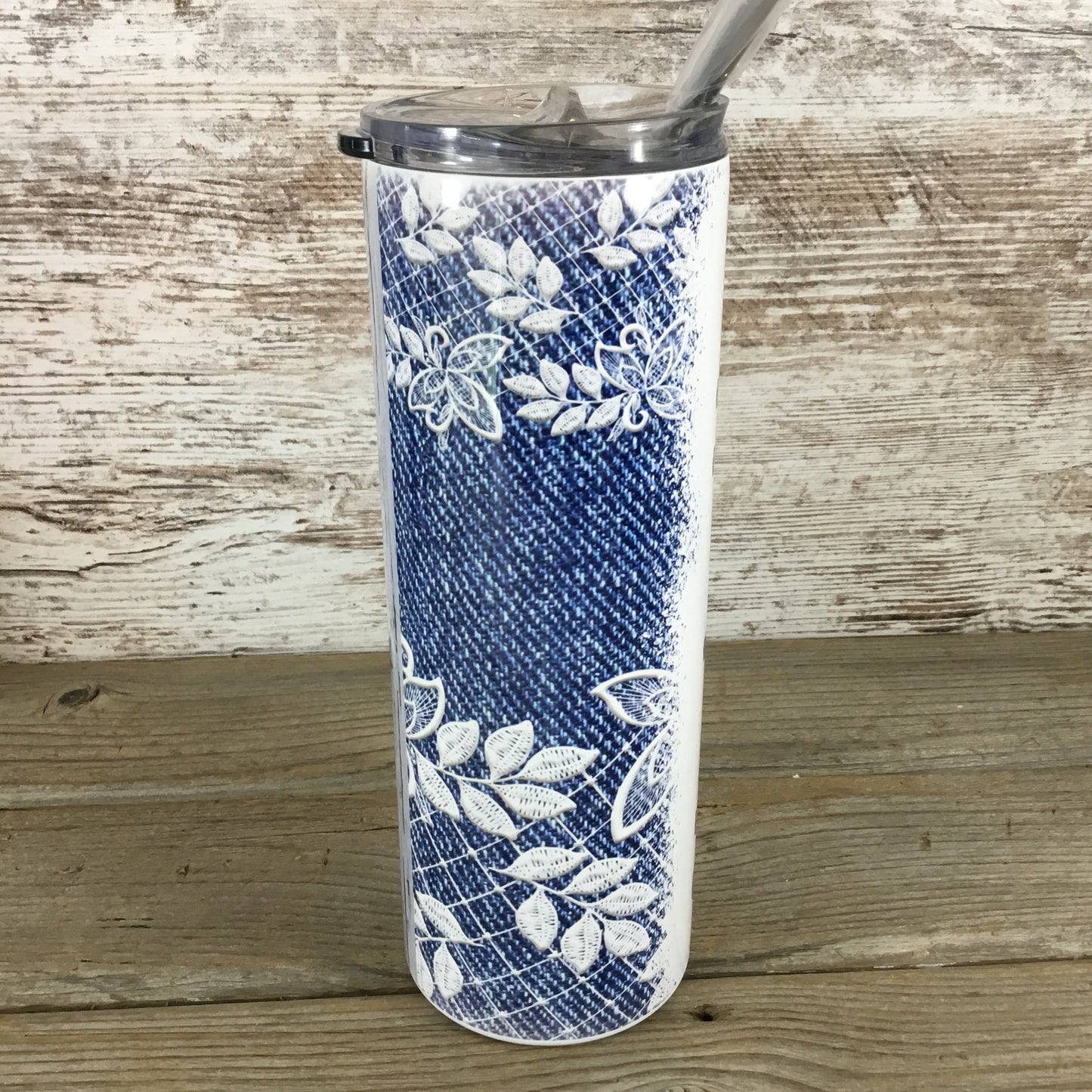 Denim & Lace Personalized Name 20 oz Skinny Tumbler with Lid and Straw