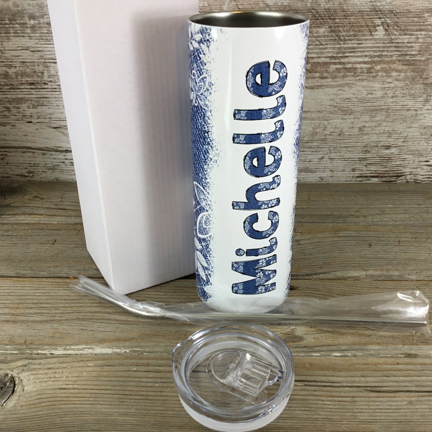 Denim & Lace Personalized Name 20 oz Skinny Tumbler with Lid and Straw