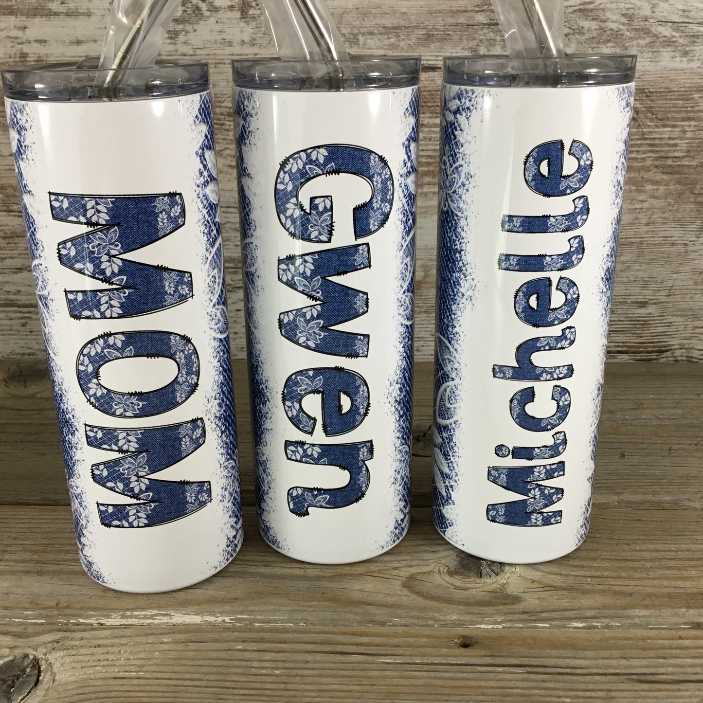 Denim & Lace Personalized Name 20 oz Skinny Tumbler with Lid and Straw