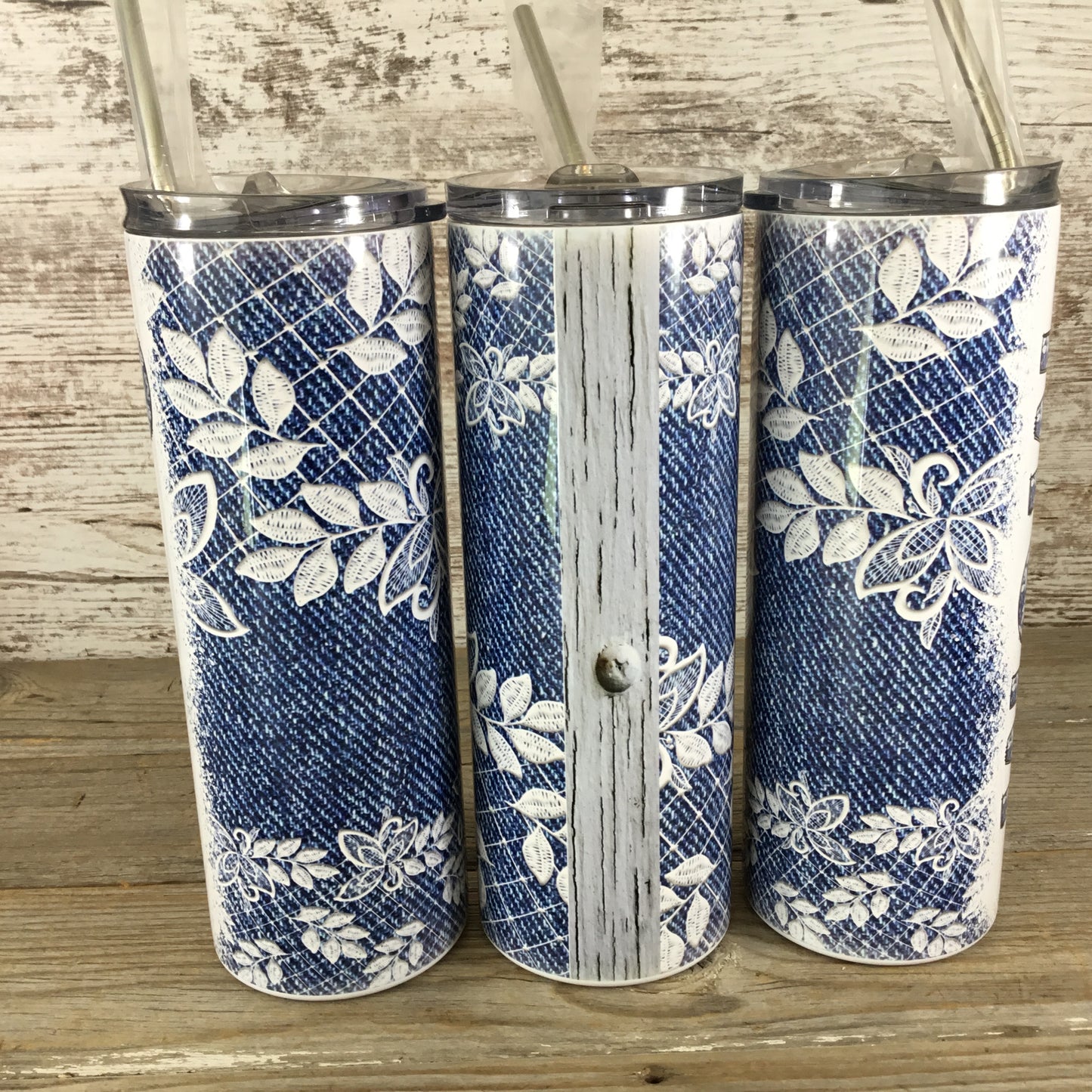 Denim & Lace Personalized Name 20 oz Skinny Tumbler with Lid and Straw