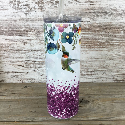 Hummingbird Flowers and Glitter 20 oz Skinny Tumbler with Lid and Straw