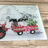 Country Farm Christmas Glass Cutting Board Red Tractor