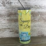 Squeeze the Day Lemon Gnomes Blue Truck 20 oz Skinny Tumbler Front View