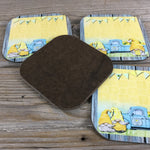 Showing back of one Close up of one Lemon Gnome Summer Coaster