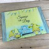 Lemon Gnomes and Blue Truck Glass Cutting Board - Squeeze the Day