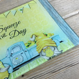 Lemon Gnomes and Blue Truck Glass Cutting Board - Squeeze the Day Lemon Themed Kitchen Decor