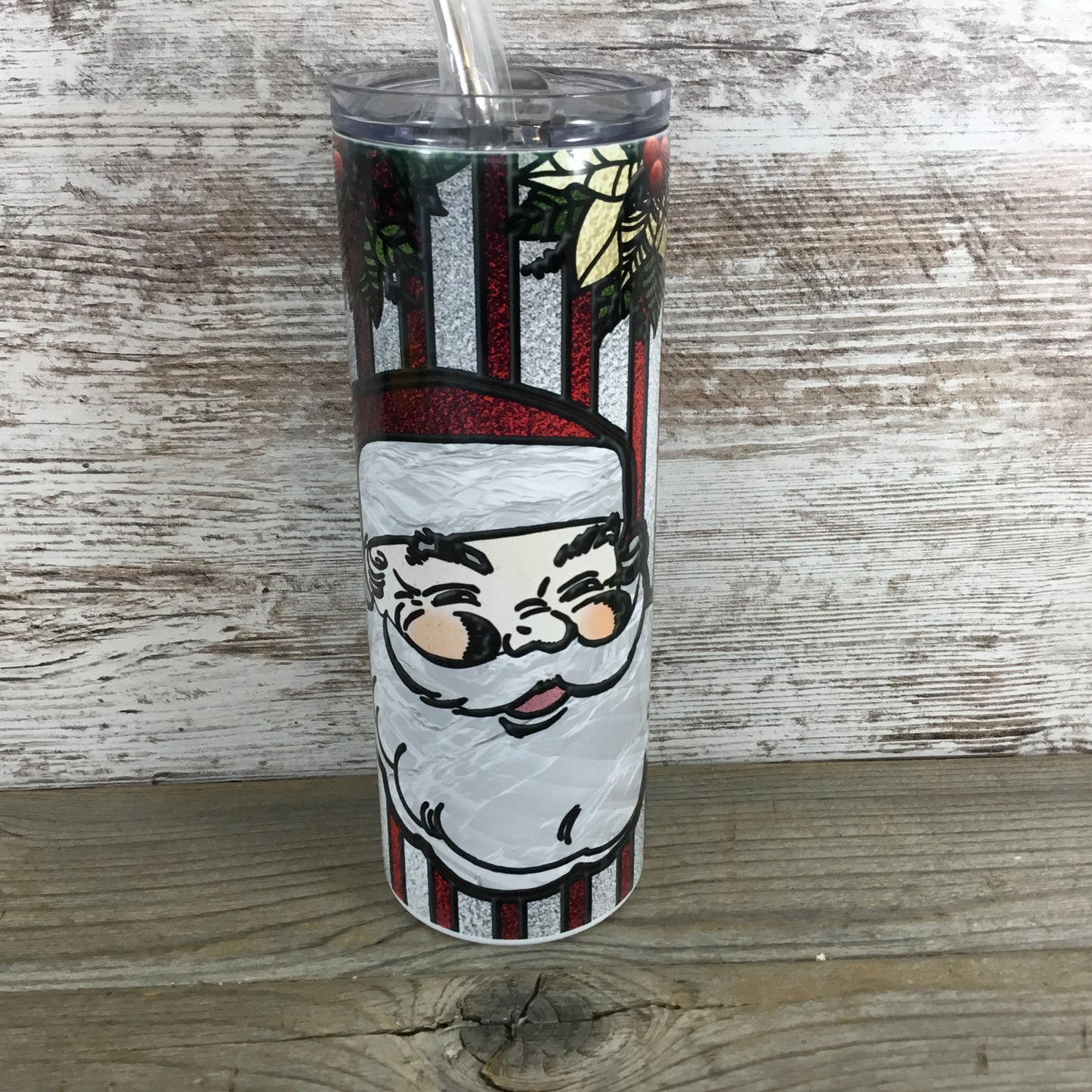 Stained Glass Santa Claus 20 oz Skinny Tumbler with Straw & Lid