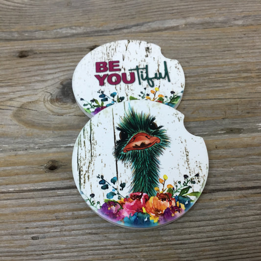 Ostrich BE YOU tiful Floral Car Coasters Set of 2