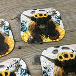 Highland Cow Sunflower Rustic Boho Coasters Set of 4