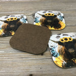 Highland Cow Sunflower Rustic Boho Coasters Set of 4