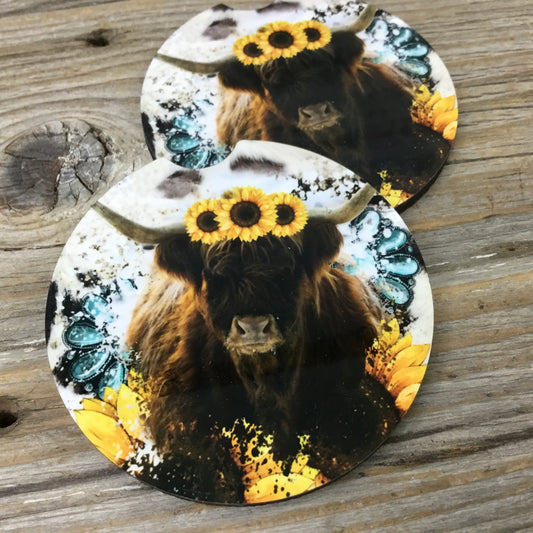 Highland Cow Sunflower Rustic Boho Car Coasters, Set of 2