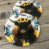 Sunflower Highland Cow Car Coasters, Set of 2