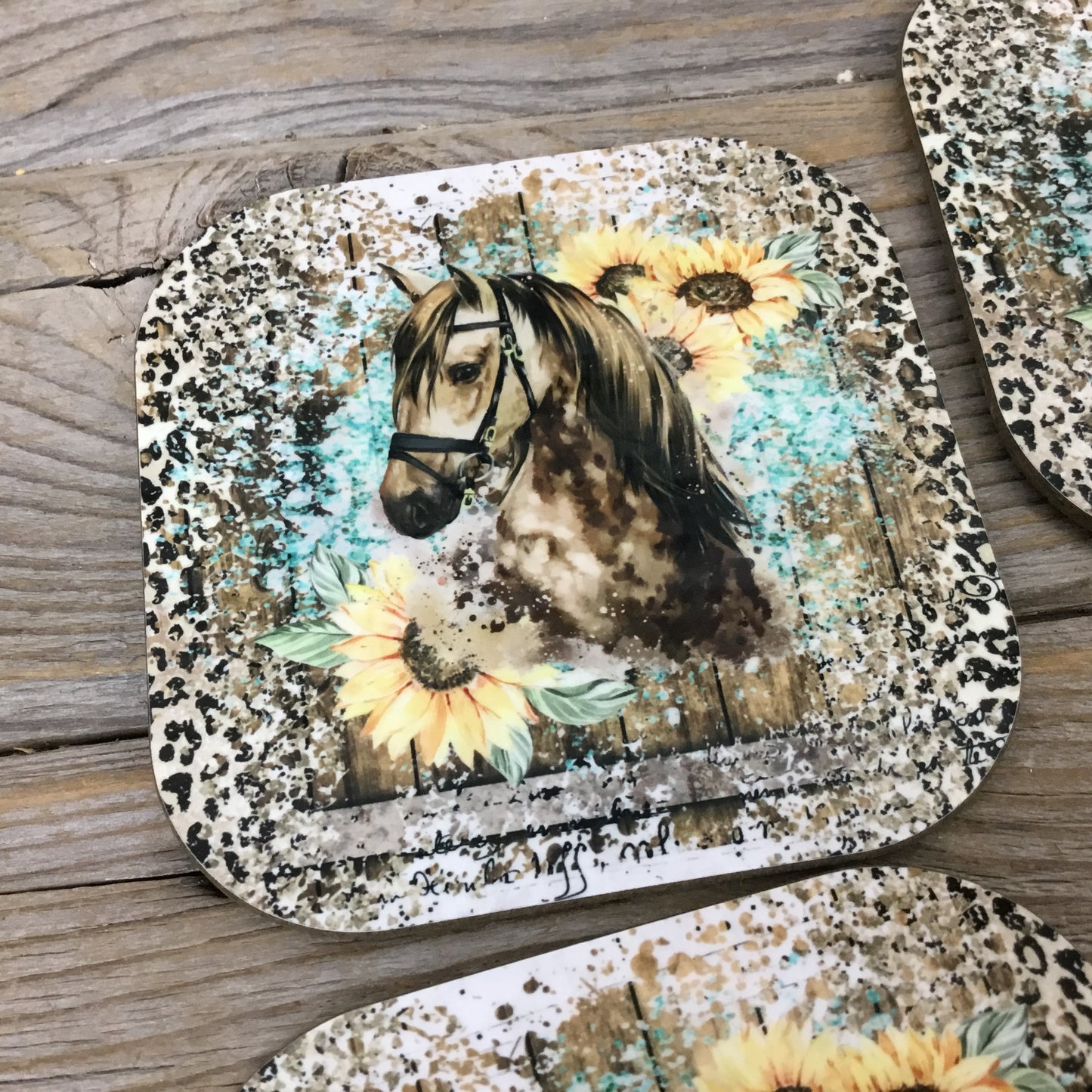 Western Sunflower Horse Coasters, Set of 4 Coasters