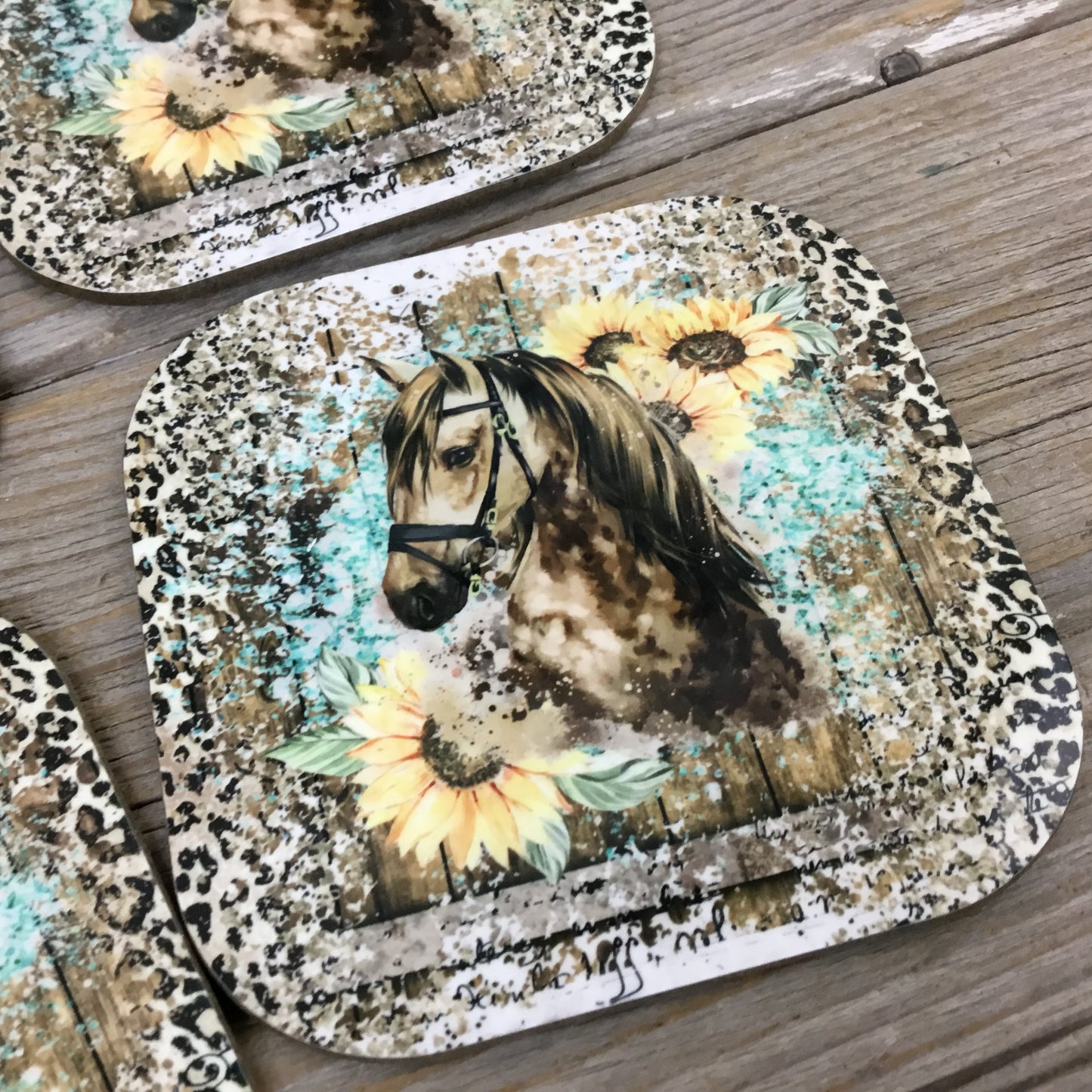 Western Sunflower Horse Coasters, Set of 4 Coasters