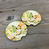 Sunflowers and Honeycomb Gnome Car Coasters, Set of 2