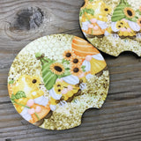 Sunflowers and Honeycomb Gnome Car Coasters, Set of 2