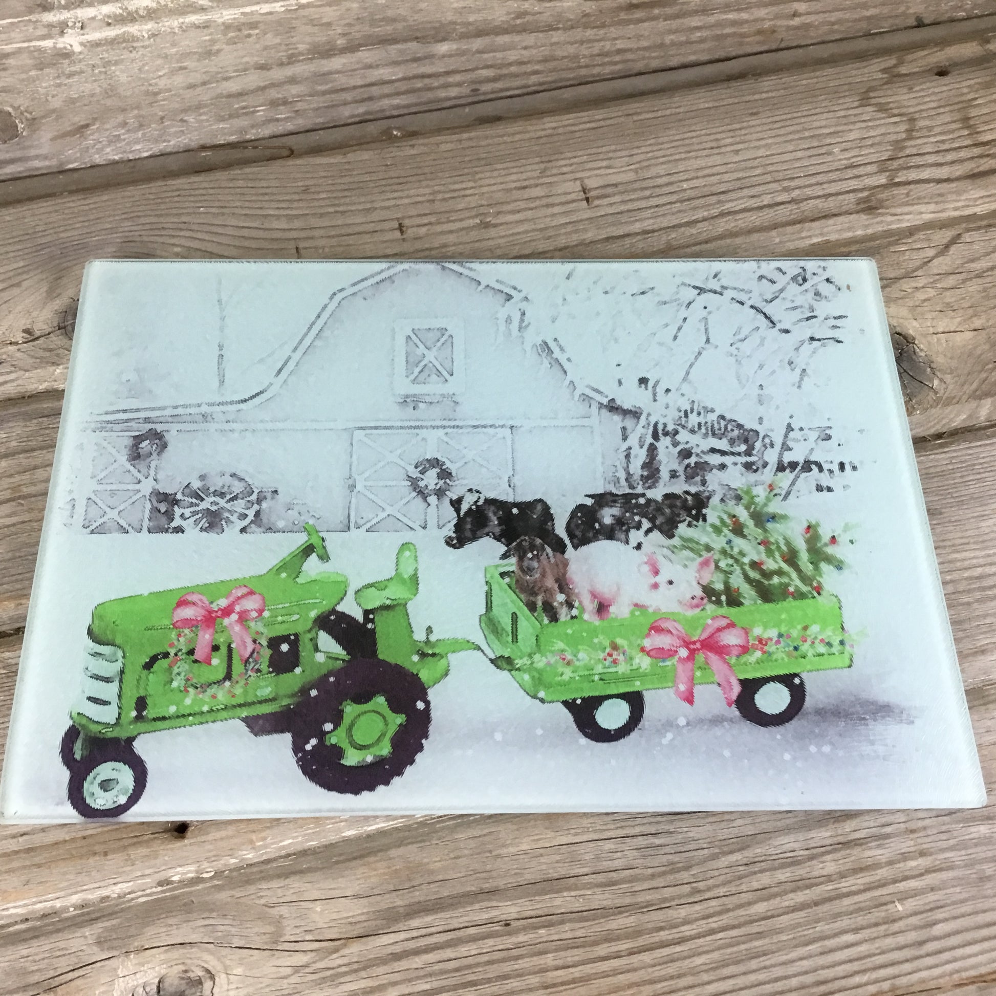 Country Farm Christmas Glass Cutting Board 