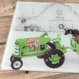 Country Farm Christmas Glass Cutting Board Green Tractor