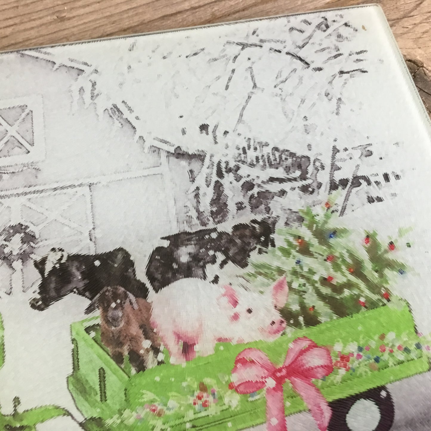 Country Farm Christmas Glass Cutting Board Green Tractor