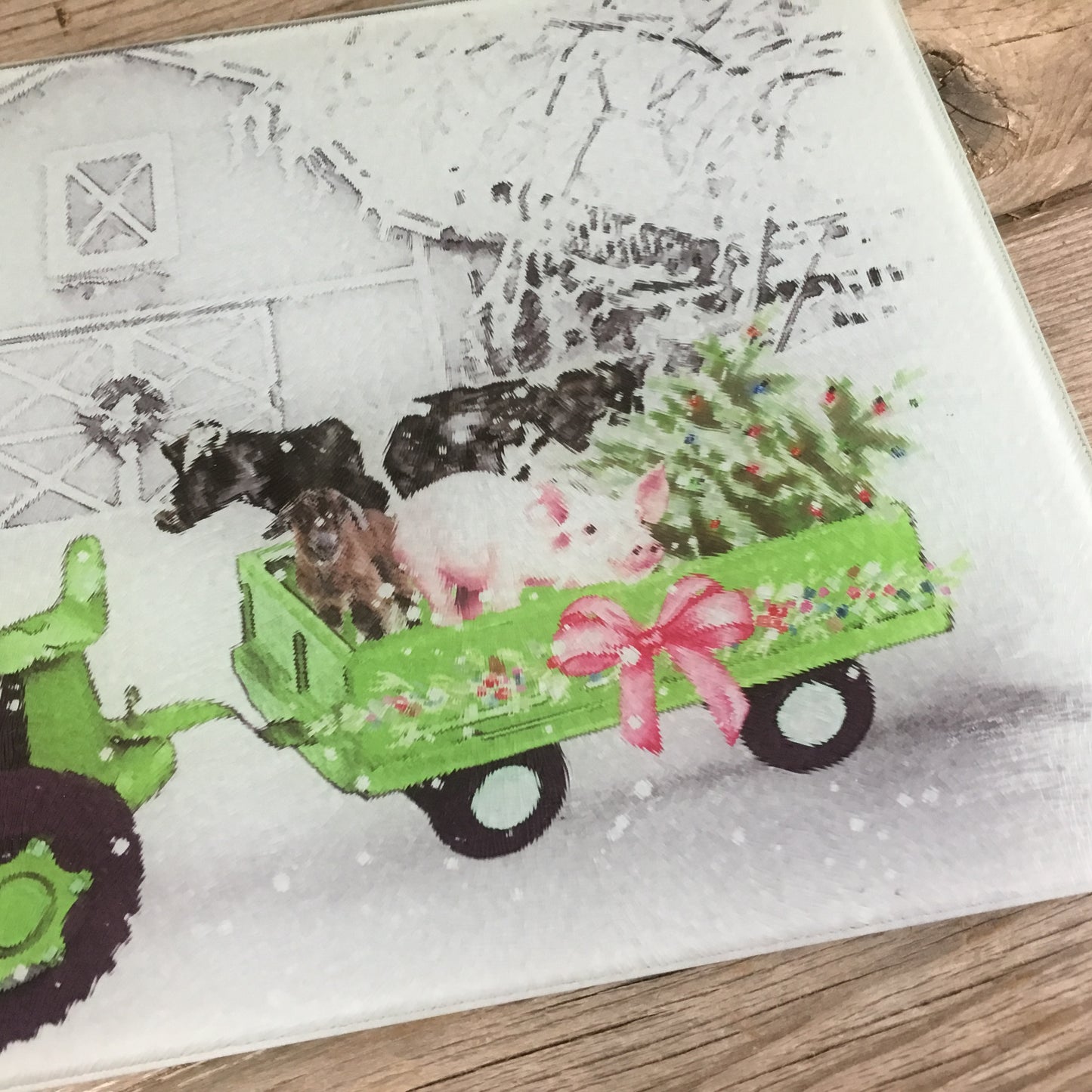 Country Farm Christmas Glass Cutting Board Green Tractor