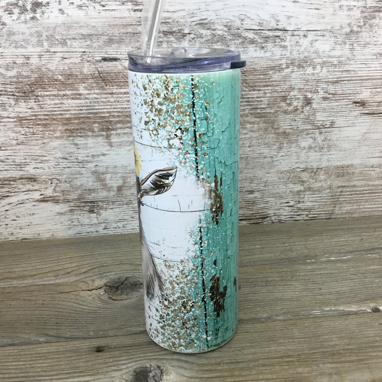 Rustic Barn Wood Sunflower Goat 20 oz Skinny Tumbler with Straw & Lid