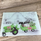 Country Farm Christmas Glass Cutting Board Green Tractor
