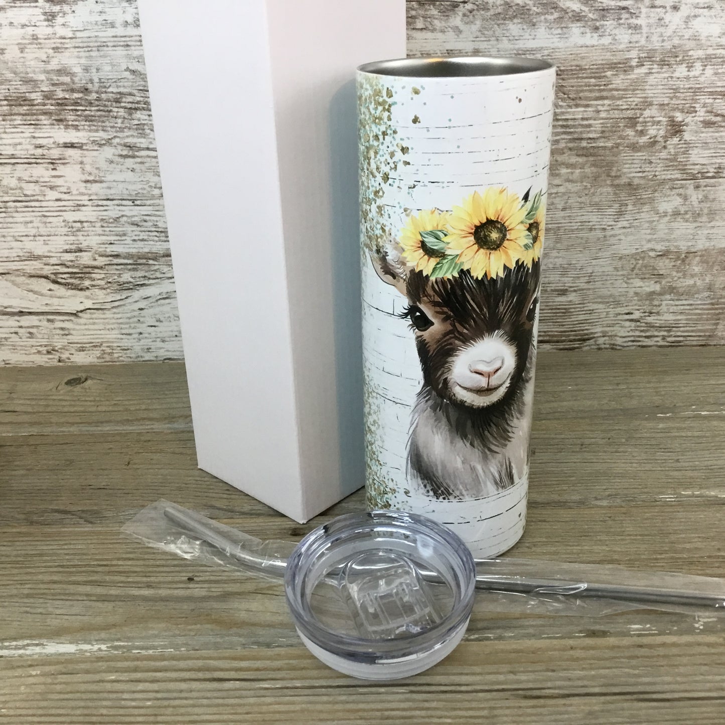 Rustic Barn Wood Sunflower Goat 20 oz Skinny Tumbler with Straw & Lid