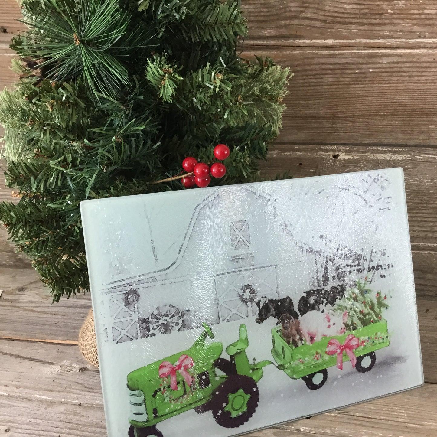 Country Farm Christmas Glass Cutting Board Green Tractor