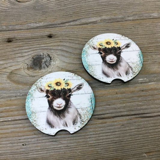 Rustic Sunflower Teal Goat Car Coasters