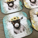 Rustic Sunflower Goat Coasters, Set of 4