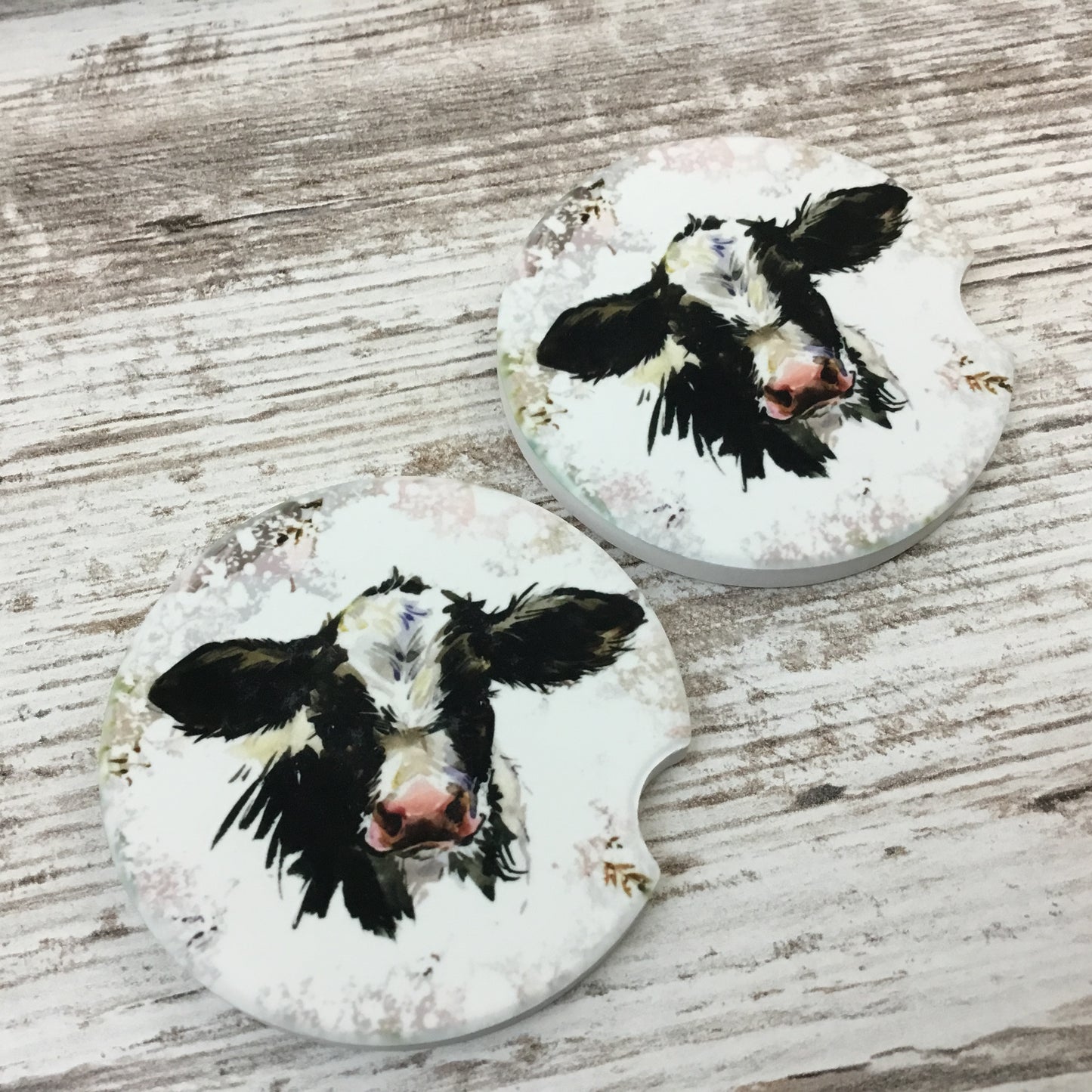 Floral Holstein Calf Cow Car Coasters, Set of 2 Car Coasters