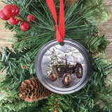 Rustic Green Tractor Paint Can Lid Christmas Ornament
