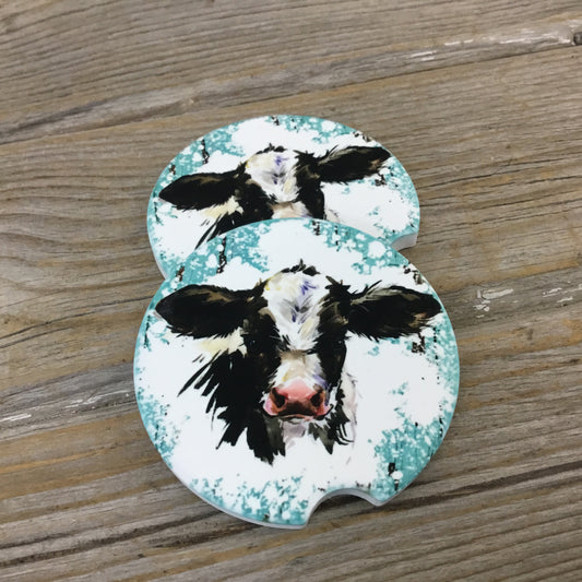 Blue Rustic Wood Holstein Calf Car Coasters