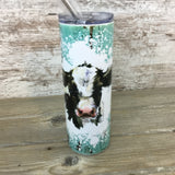 Blue Rustic Wood Holstein Calf Cow 20 oz Skinny Tumbler with Straw & Lid