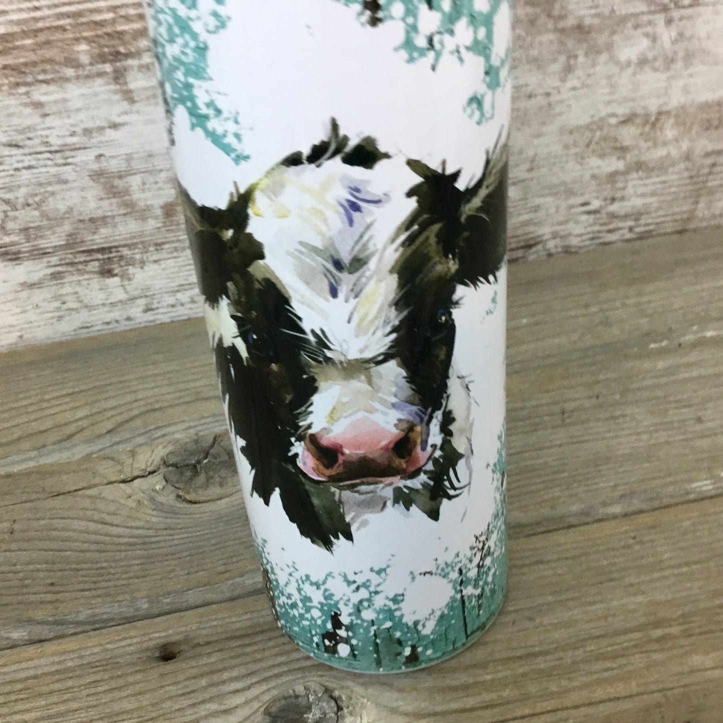 Blue Rustic Wood Holstein Calf Cow 20 oz Skinny Tumbler with Straw & Lid