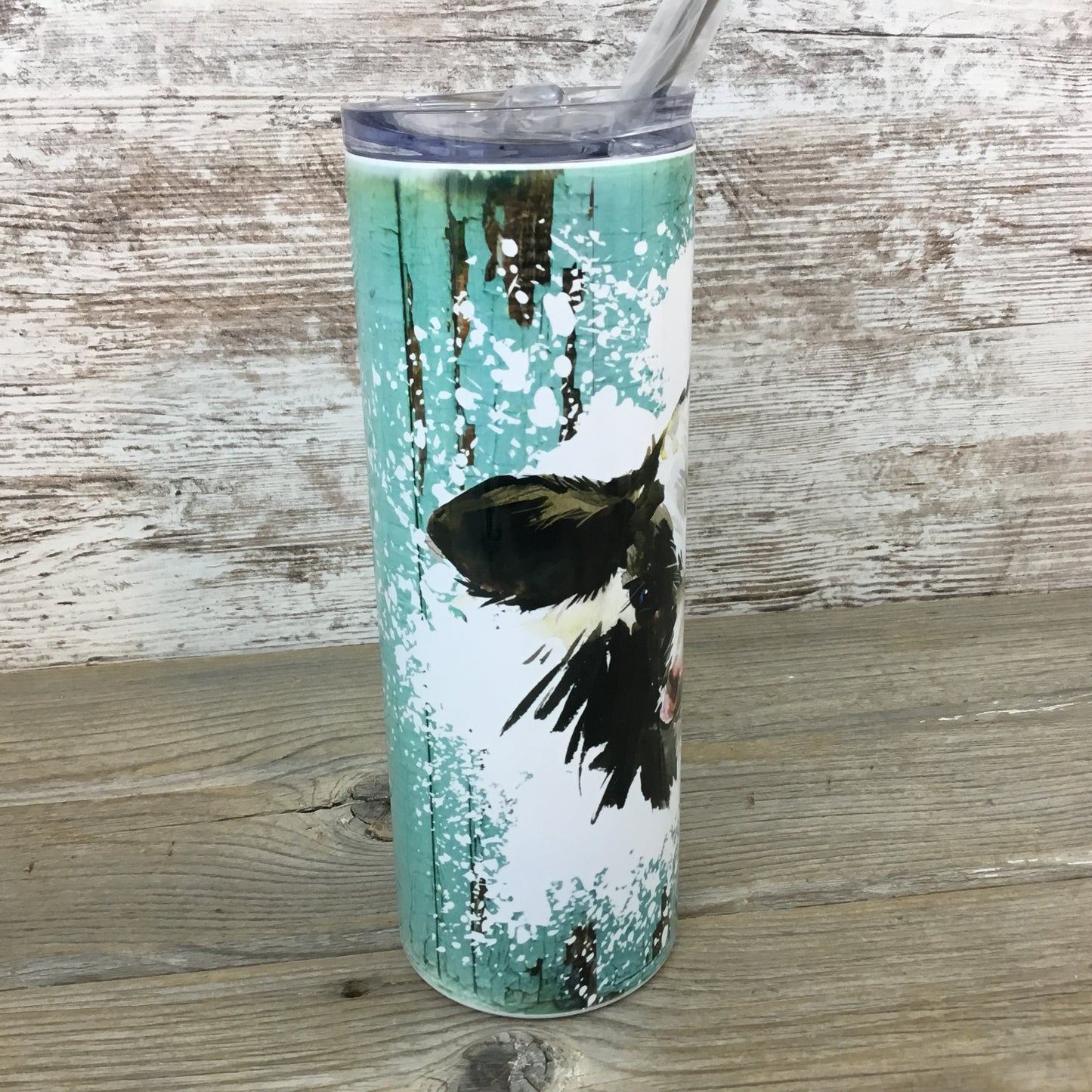 Blue Rustic Wood Holstein Calf Cow 20 oz Skinny Tumbler with Straw & Lid