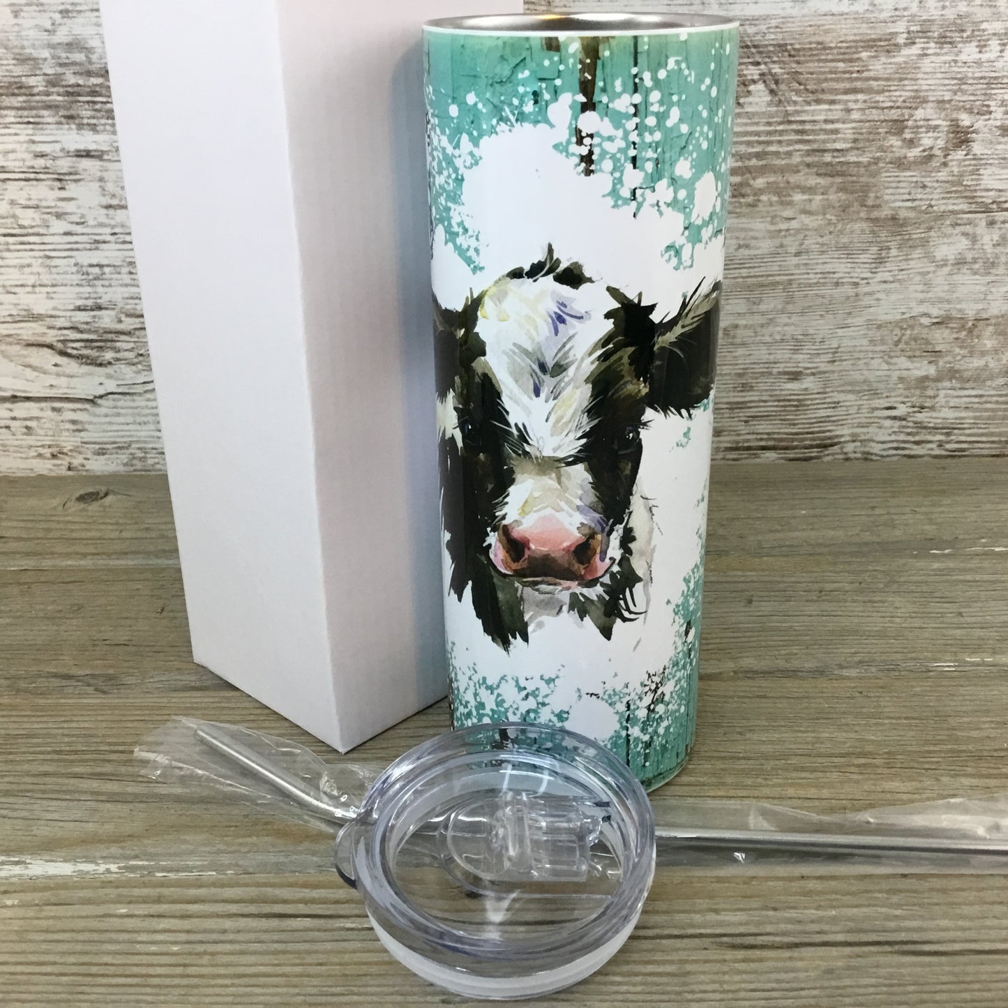 Blue Rustic Wood Holstein Calf Cow 20 oz Skinny Tumbler with Straw & Lid