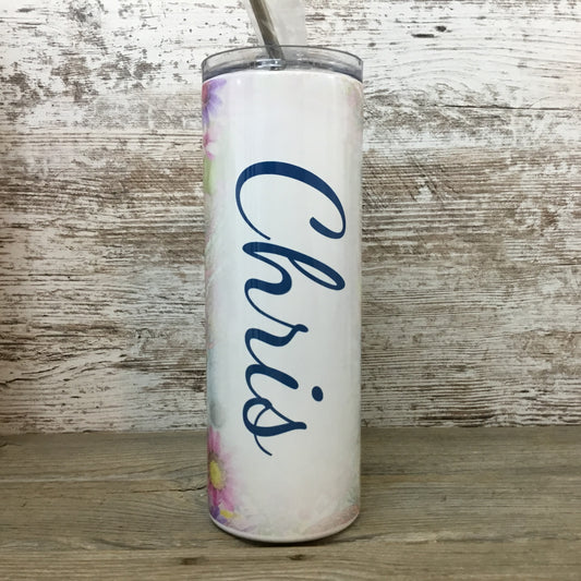 Retro Paisley Rainbow Personalized Name 20 oz Skinny Tumbler with Lid and Straw