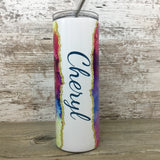 Rainbow Ink Swirls Personalized Name 20 oz Skinny Tumbler with Lid and Straw