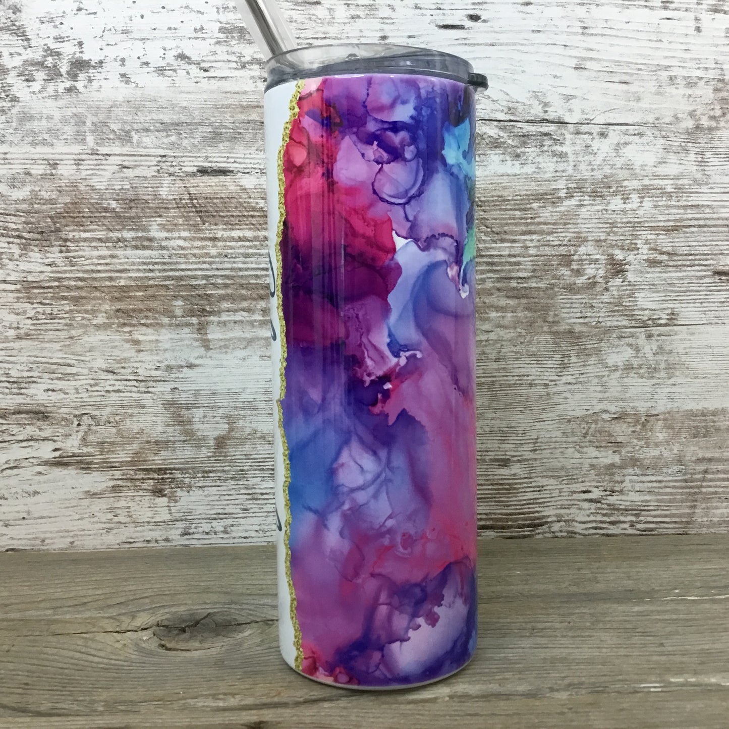 Rainbow Ink Swirls Personalized Name 20 oz Skinny Tumbler with Lid and Straw