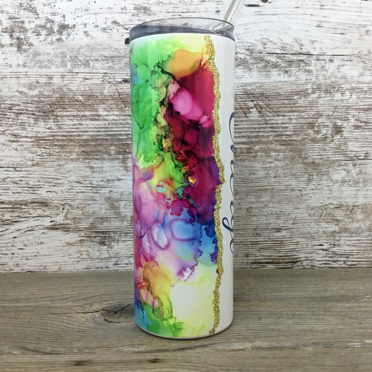 Rainbow Ink Swirls Personalized Name 20 oz Skinny Tumbler with Lid and Straw