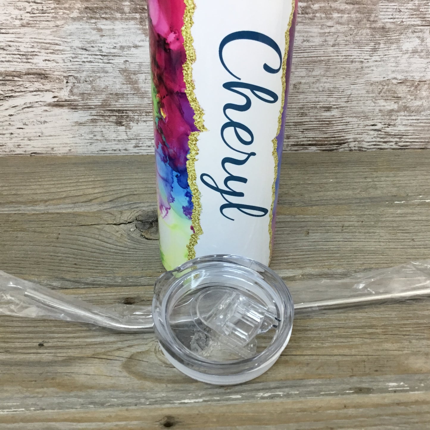 Rainbow Ink Swirls Personalized Name 20 oz Skinny Tumbler with Lid and Straw