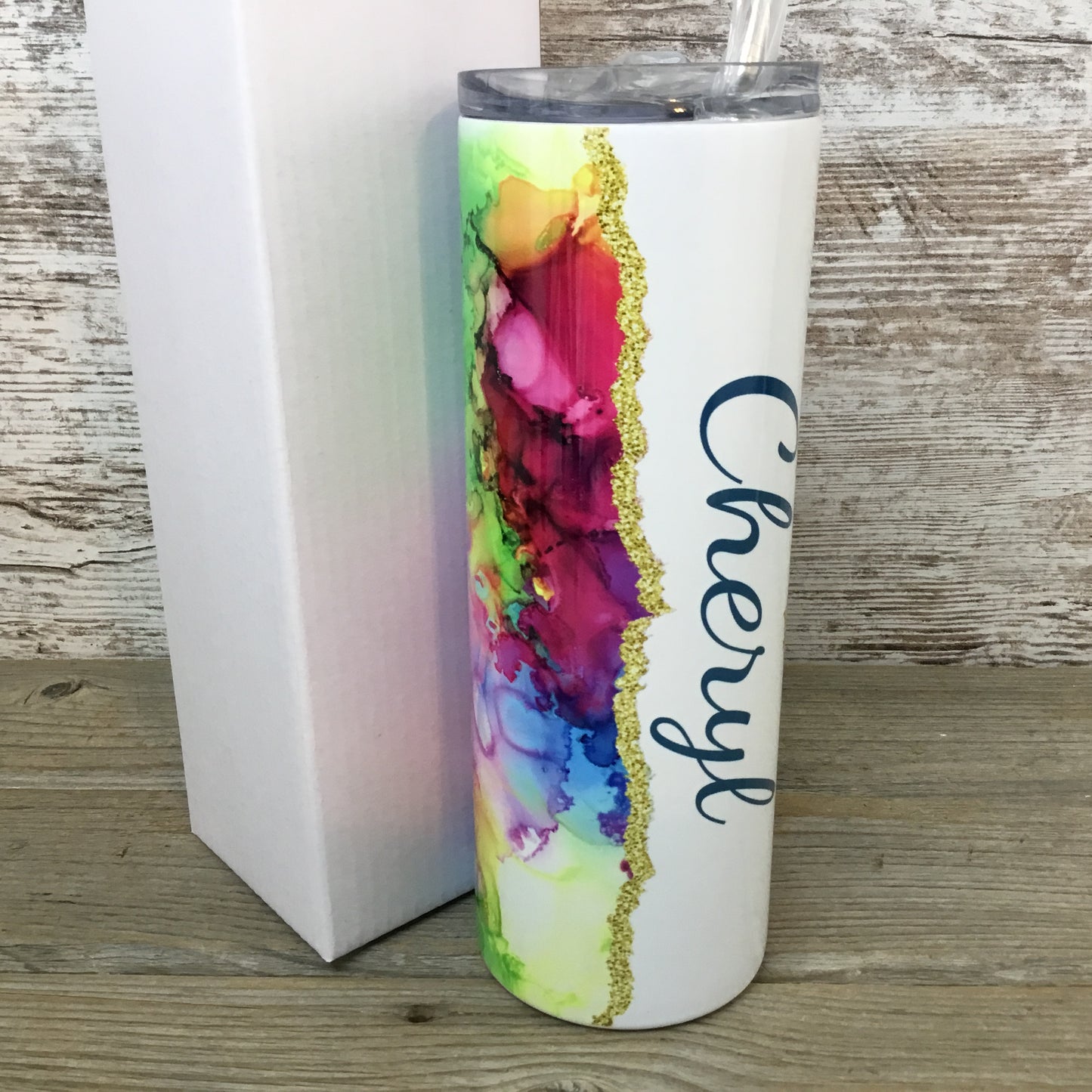 Rainbow Ink Swirls Personalized Name 20 oz Skinny Tumbler with Lid and Straw