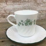 Set of 7 Corelle Callaway Green Ivy Coffee Tea Cups Saucer Dark Green Edge