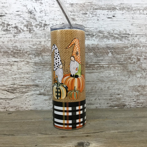 Fall Gnomes and Pumpkins 20 oz Skinny Tumbler with Lid and Straw