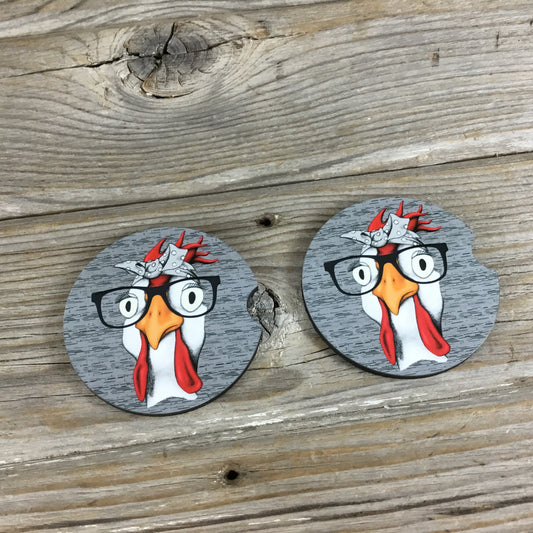 Funny Chicken with Glasses Car Coasters, Set of 2 Car Coasters