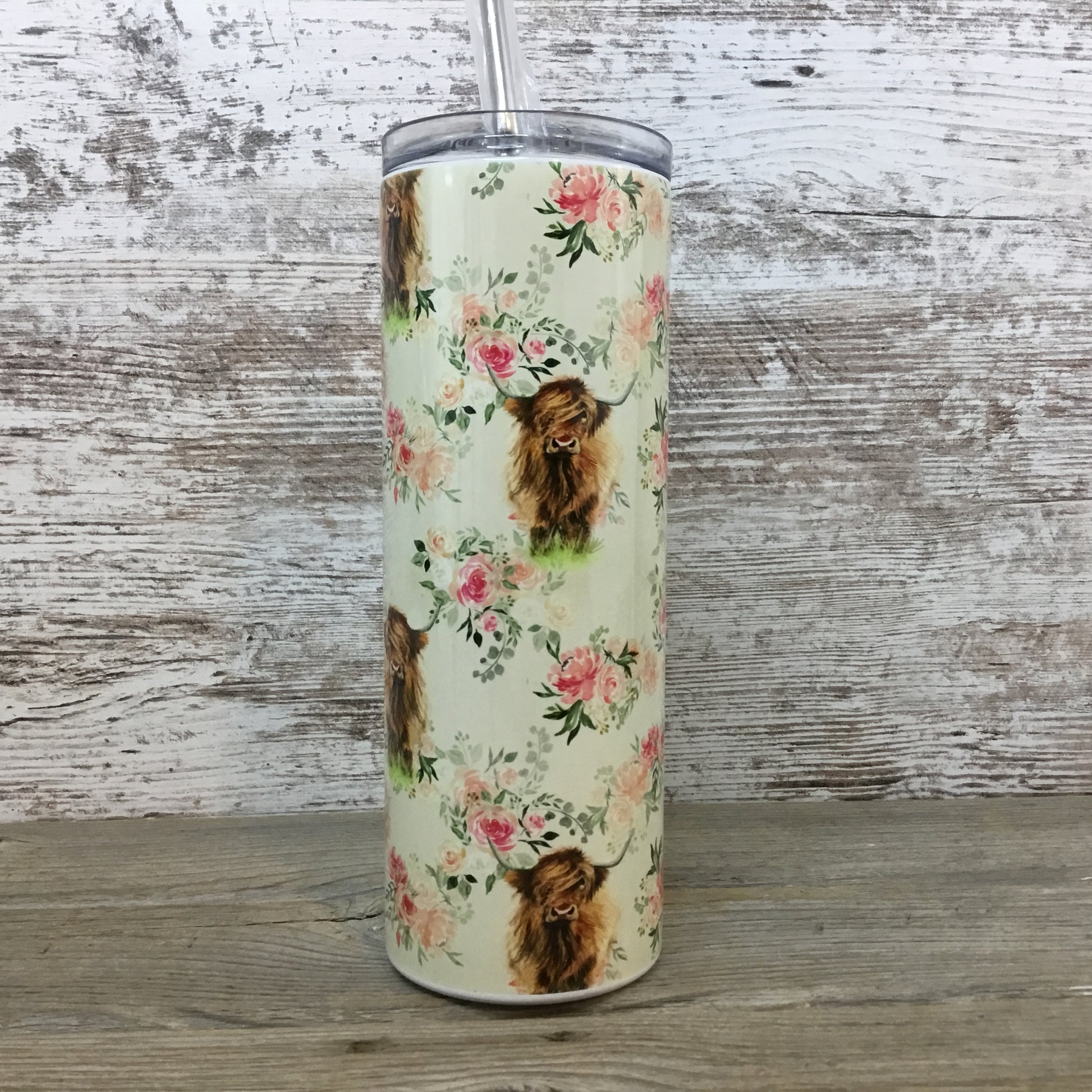 Floral Highland Cow 20 oz Skinny Tumbler