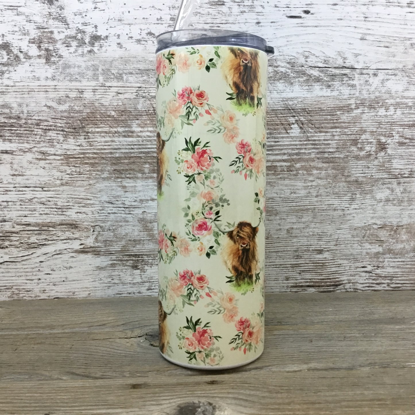 Floral Highland Cow 20 oz Skinny Tumbler with Straw & Lid