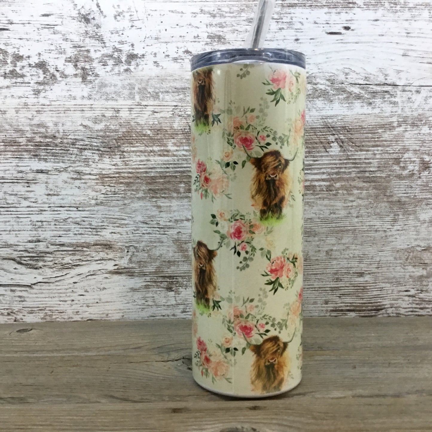 Floral Highland Cow 20 oz Skinny Tumbler with Straw & Lid