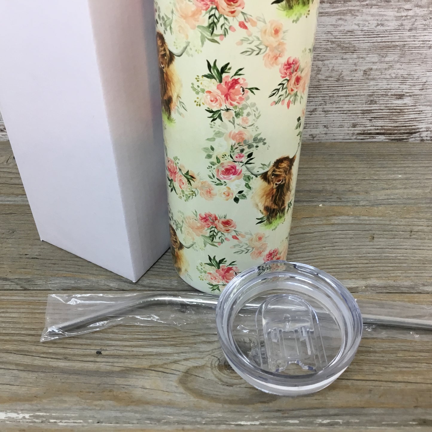 Floral Highland Cow 20 oz Skinny Tumbler with Straw & Lid